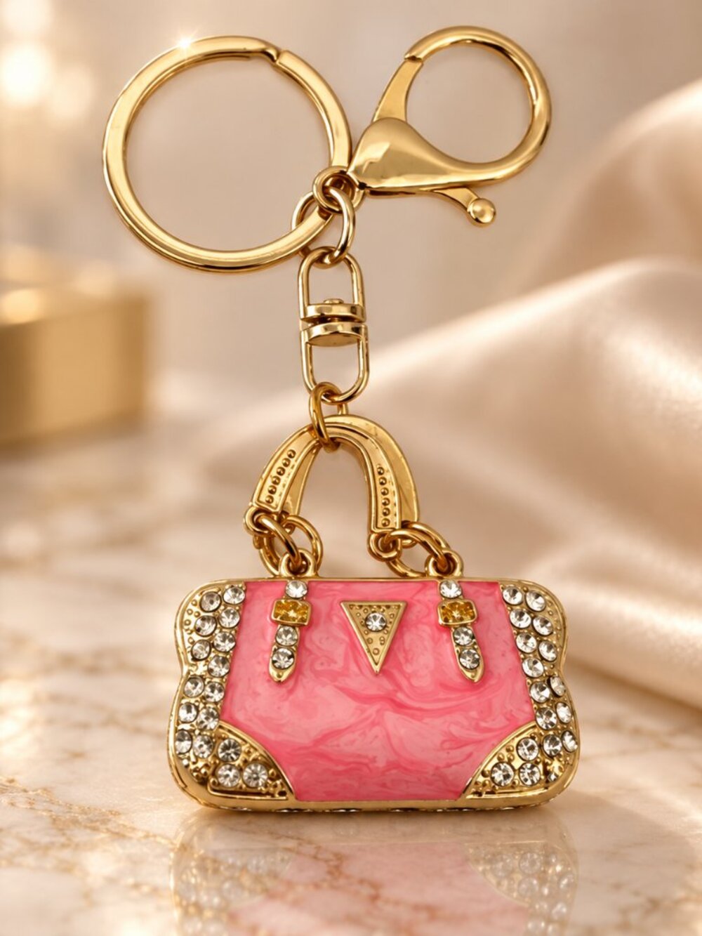 Pink Rhinestone Handbag Keychain Purse Charm Gold Tone Bag Accessory